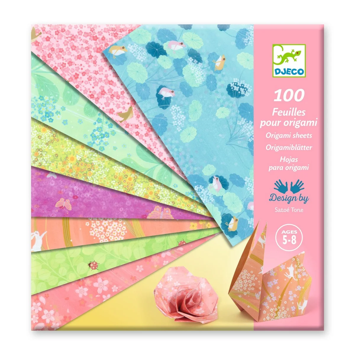 Feuilles origami Haru Djeco avec motifs fleurs, oiseaux et couleurs pastel variées