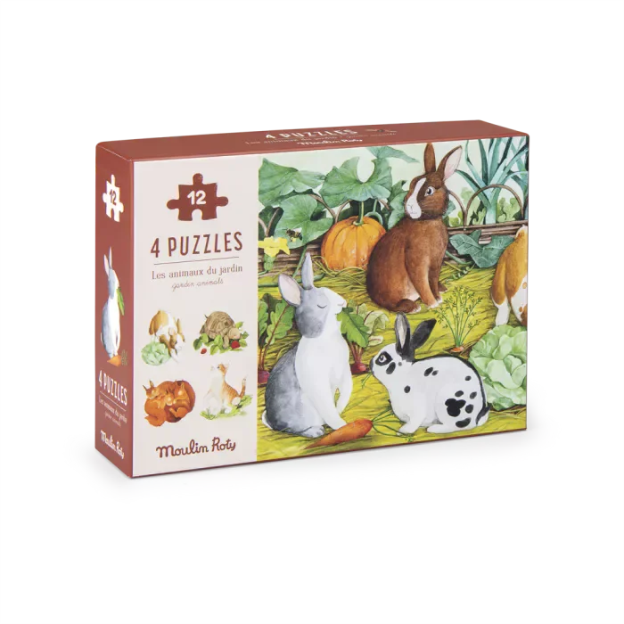 4 mini puzzles des animaux (4x12 pièces) Le jardin du moulin - Moulin Roty