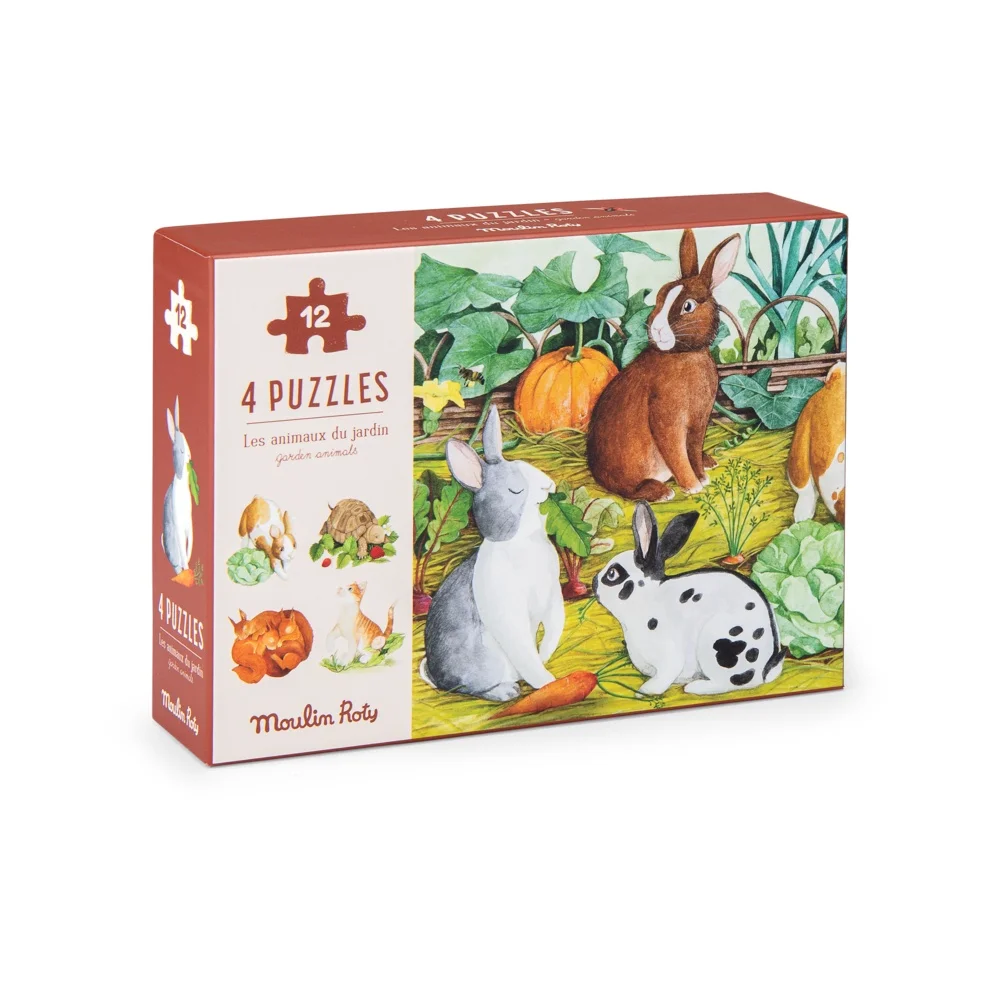 Boîte de 4 mini puzzles Moulin Roty avec illustrations d'animaux du jardin colorés.