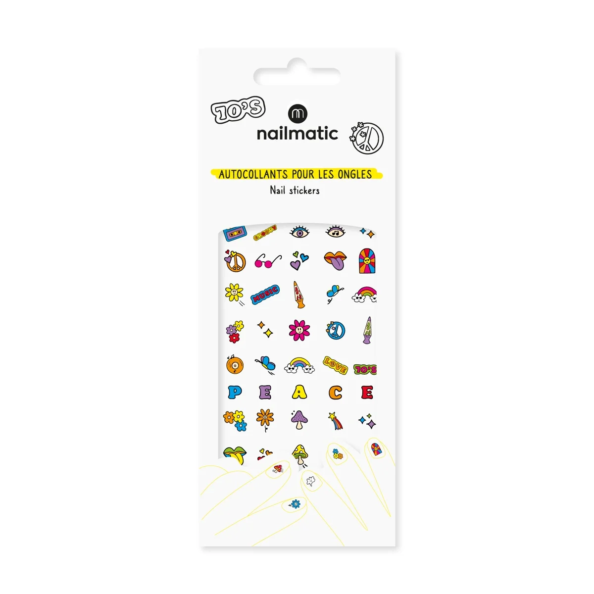 Gommettes ongles Nailmatic Années 70 colorées, fleurs, paix, arc-en-ciel, lunettes roses.