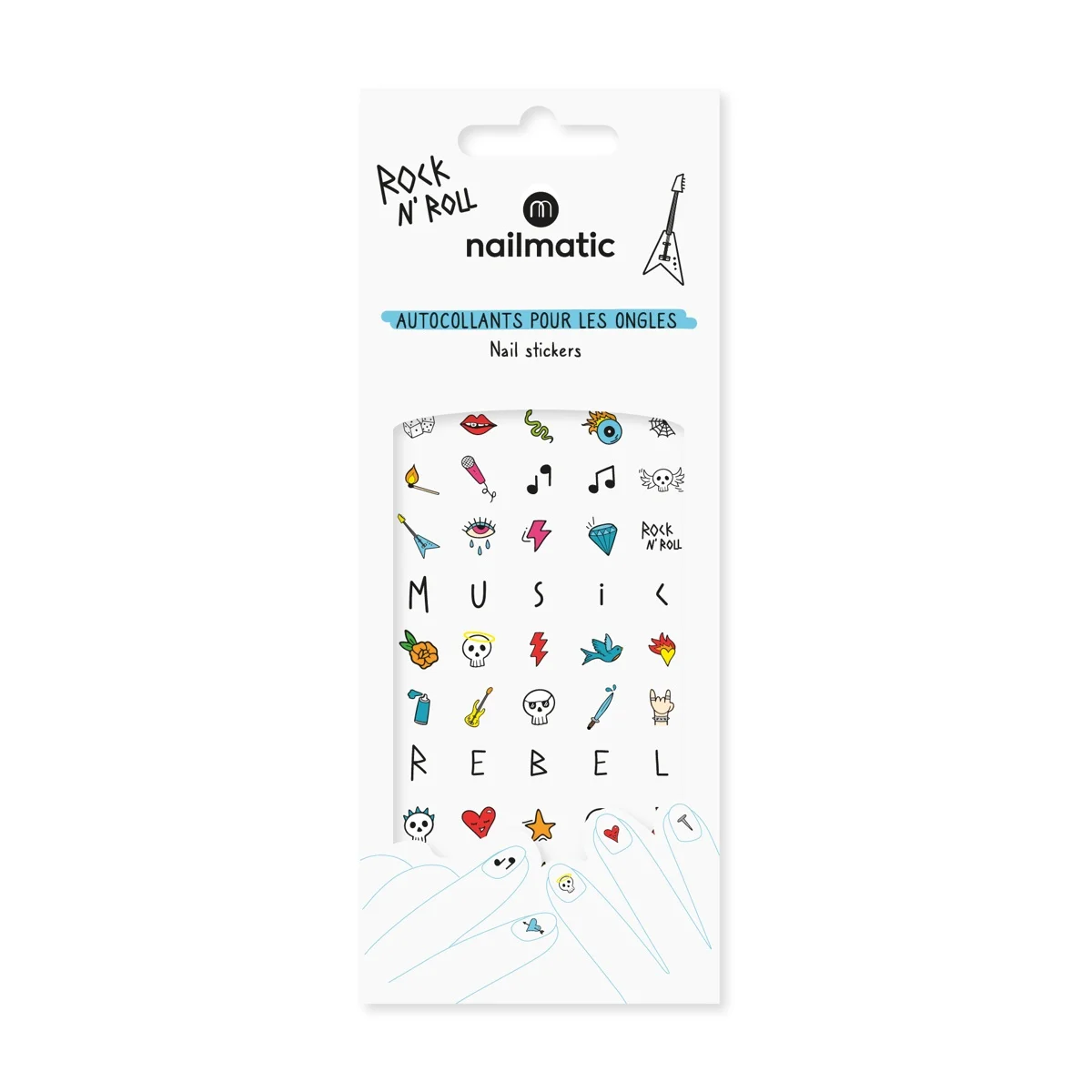Gommettes ongles Rock N' Roll Nailmatic avec motifs musique, crânes, éclairs colorés.