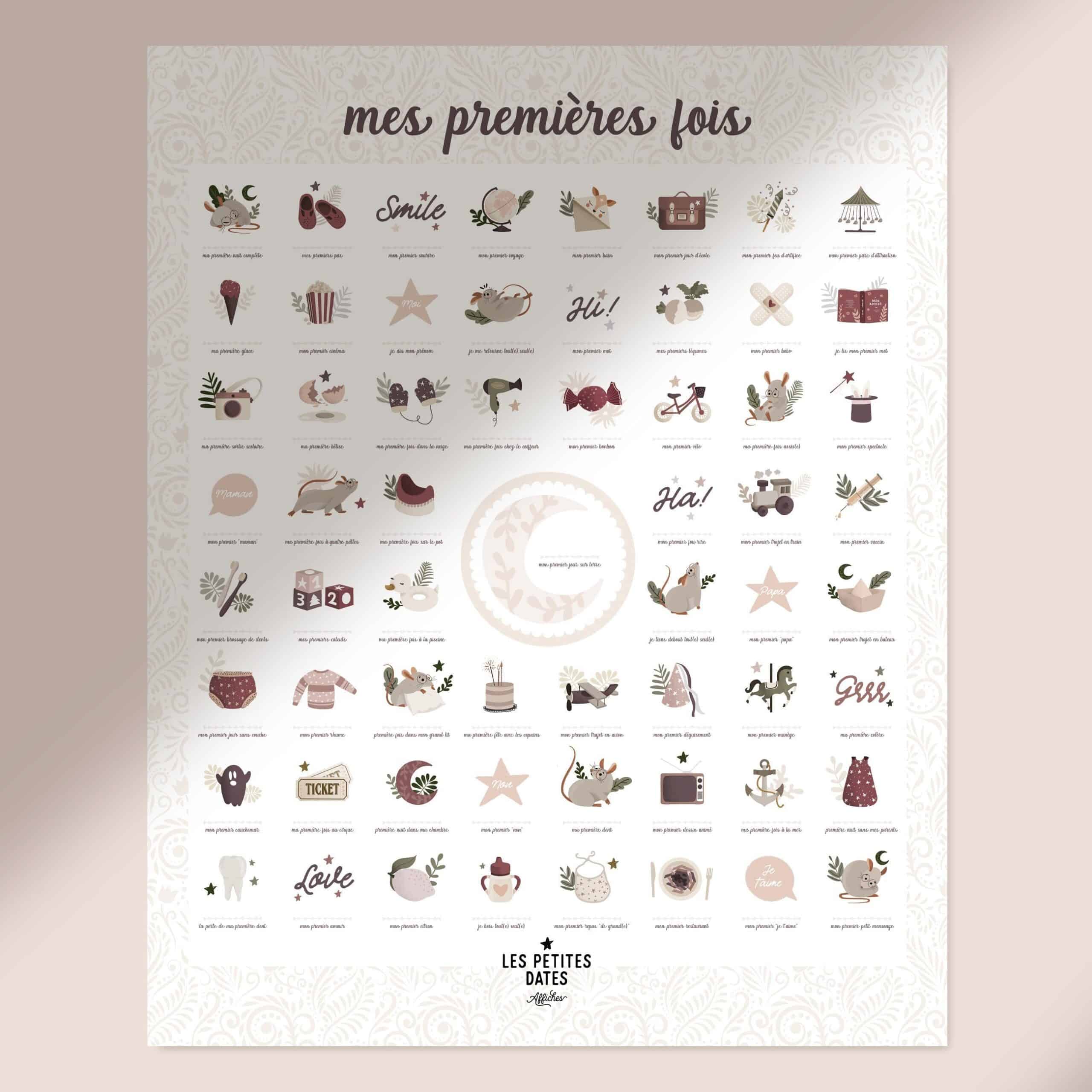 Affiche "Mes premières fois" à tamponner Souris poudre - Les Petites Dates