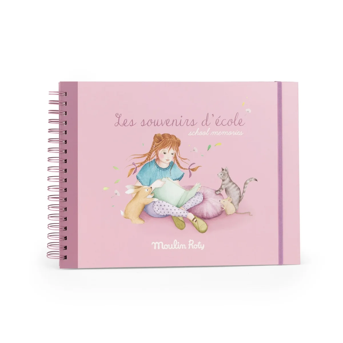 Album souvenirs d'école rose Les Rosalies avec illustration fillette, lapin et chat