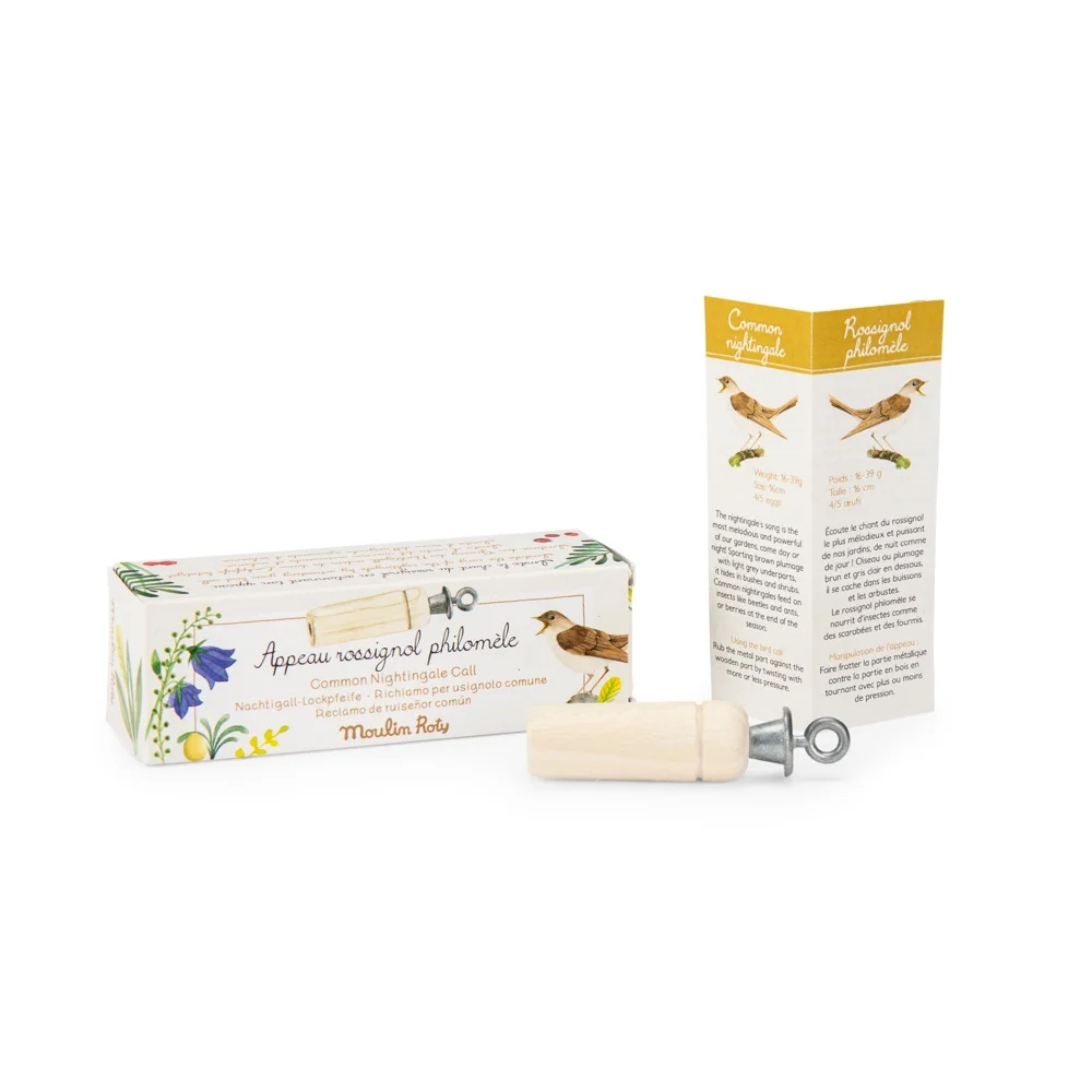 Appeau en bois naturel Rossignol Philomèle avec emballage motif oiseau fleuri Moulin Roty.