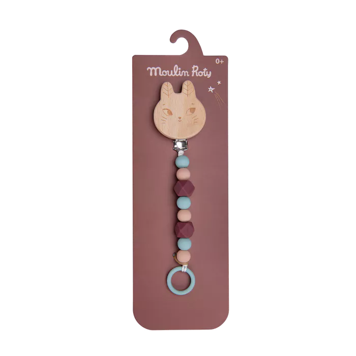 Attache-tétine chat bois et silicone Après la pluie - Moulin Roty