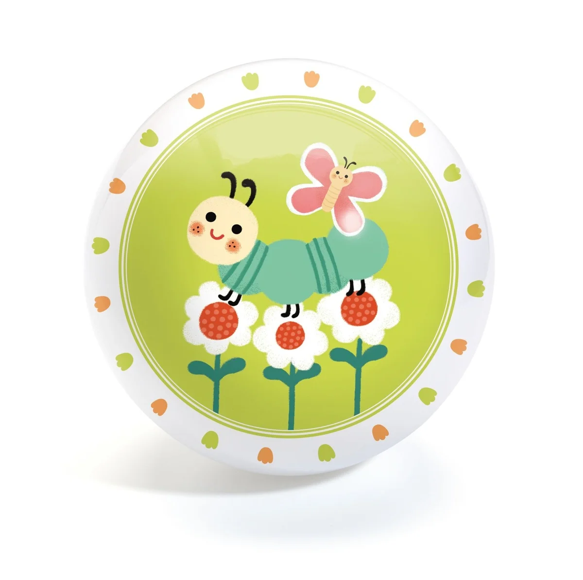 Ballon vert Lovely Bugs Djeco avec chenille, papillon et fleurs blanches rouges
