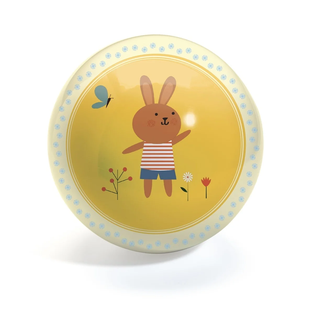 Ballon jaune avec lapin debout, fleurs et papillon, Sweety Ball Djeco.