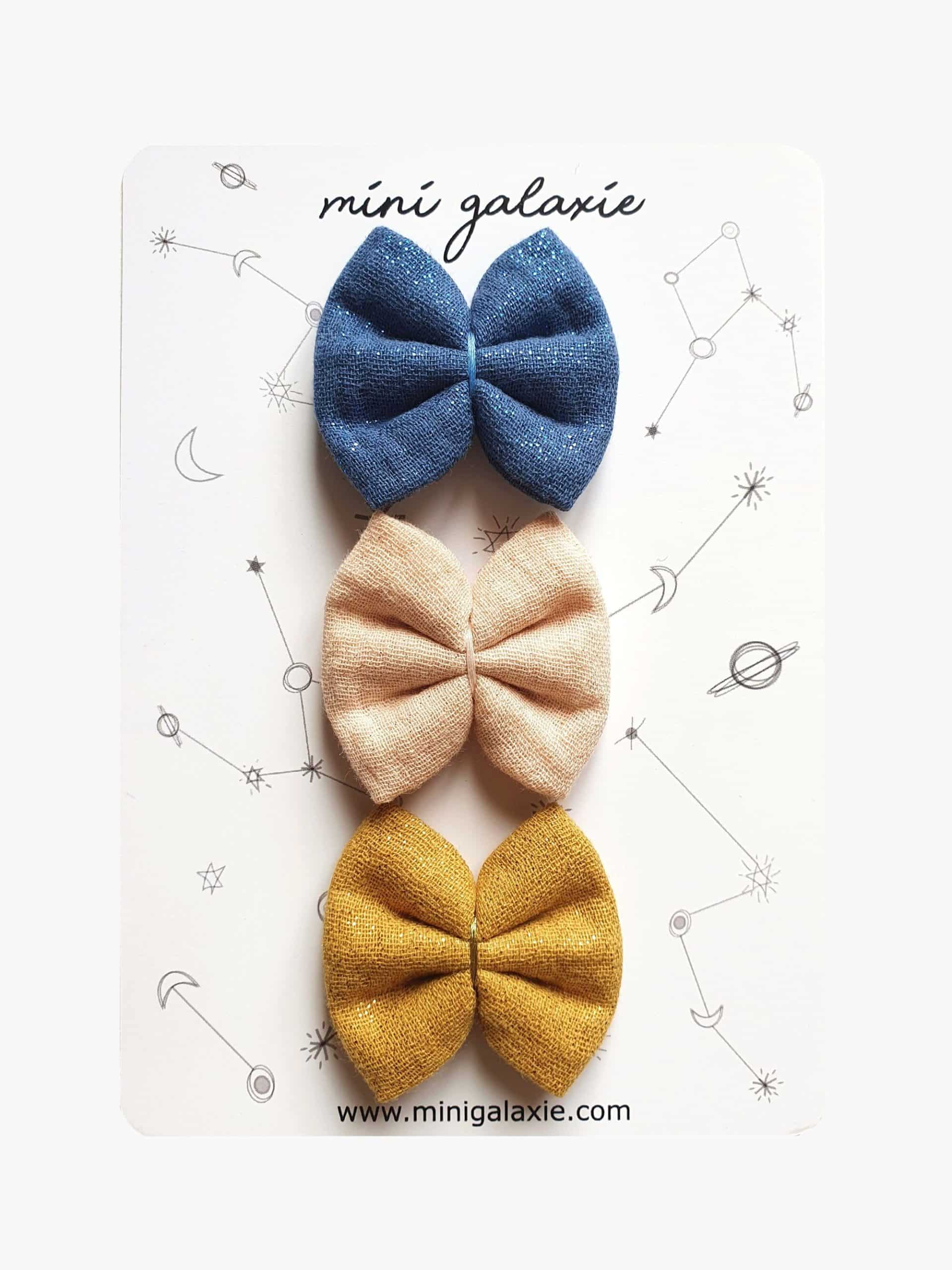 Barrettes mini nœuds tissus irisés pailletés Lot de 3 - Mini Galaxie