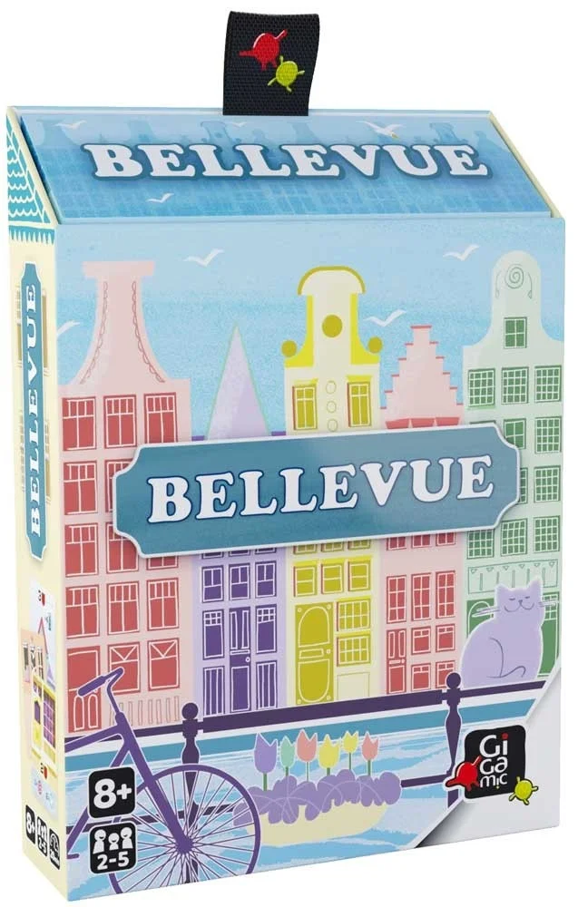 Boîte verticale du jeu Bellevue Gigamic avec maisons colorées et vélo violet devant