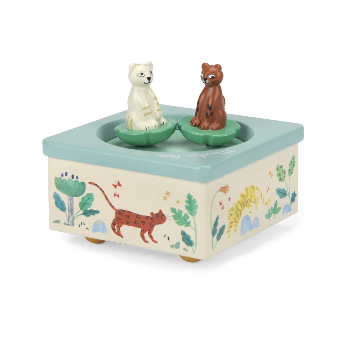 Boîte à musique La forêt Mawa en bois crème et vert, avec figurines d'ours brun et blanc.