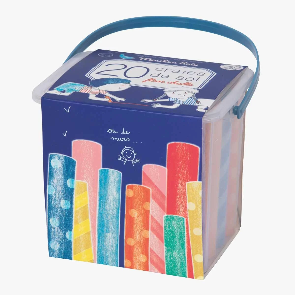 Boîte plastique avec 20 craies de sol colorées Moulin Roty, poignée bleue.