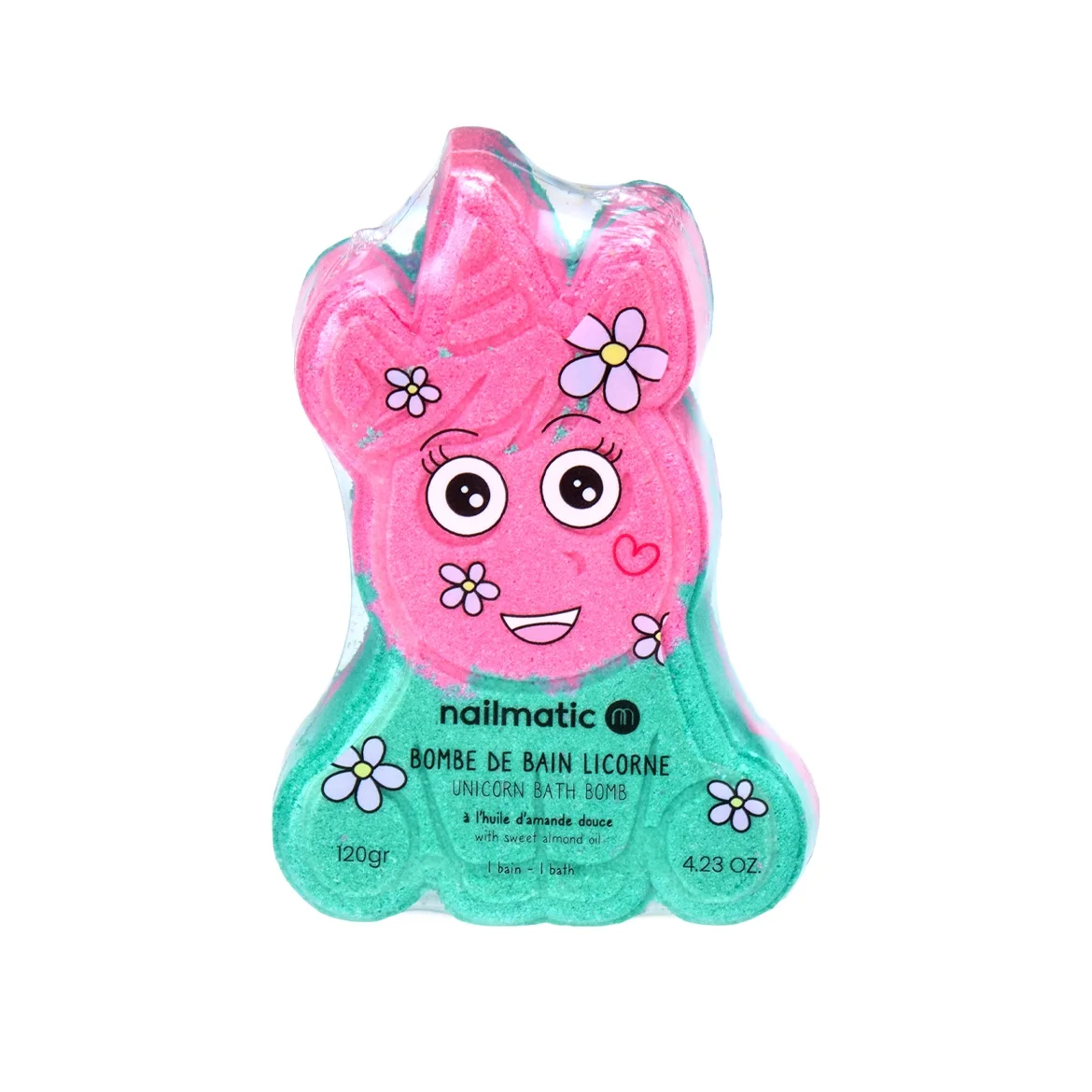 Bombe de bain Licorne Nailmatic rose et verte avec visage souriant et fleurs.
