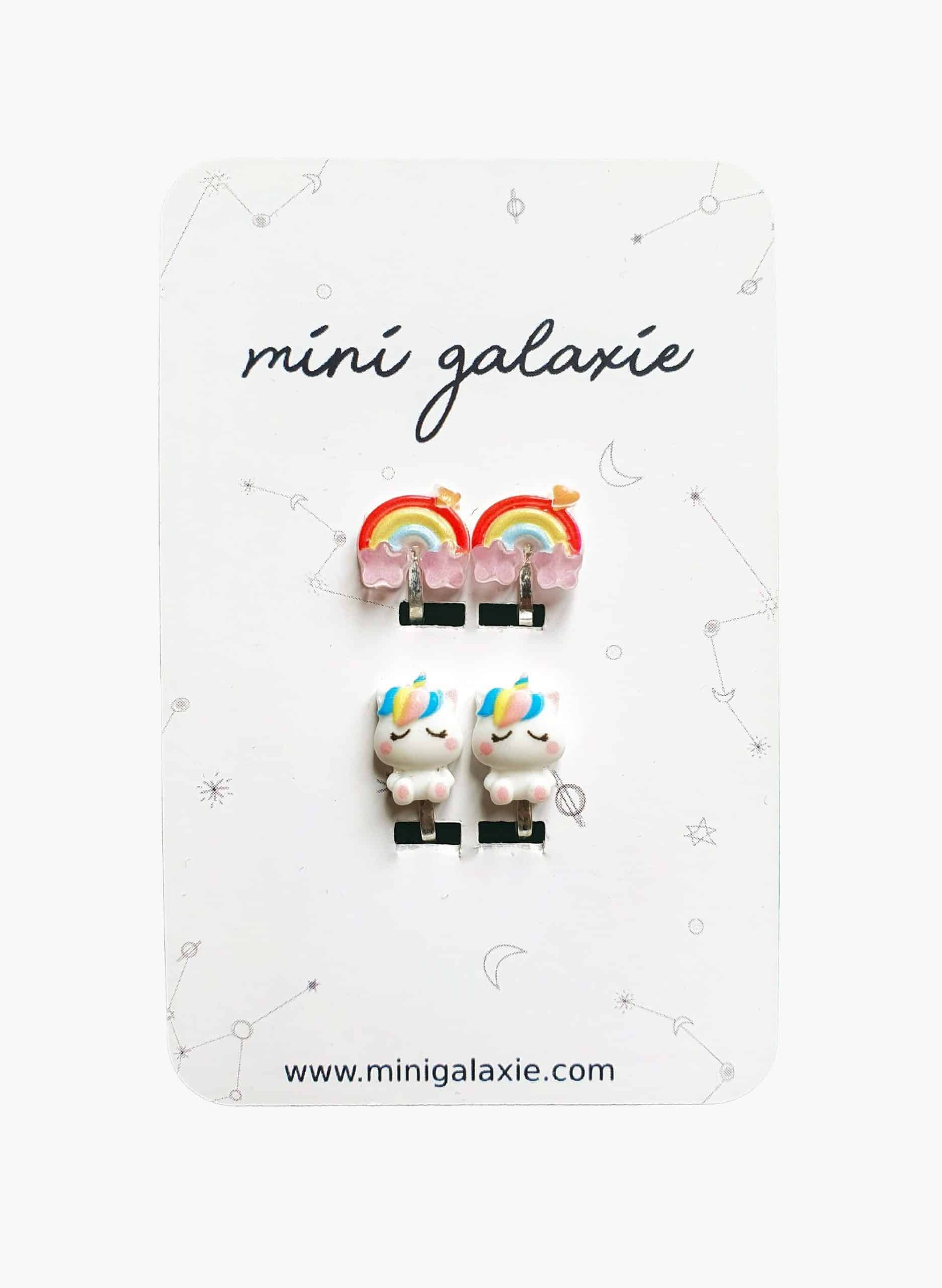 Boucles d’oreilles Licornes et arc en ciel 🌈 Clips pour enfant – Mini Galaxie