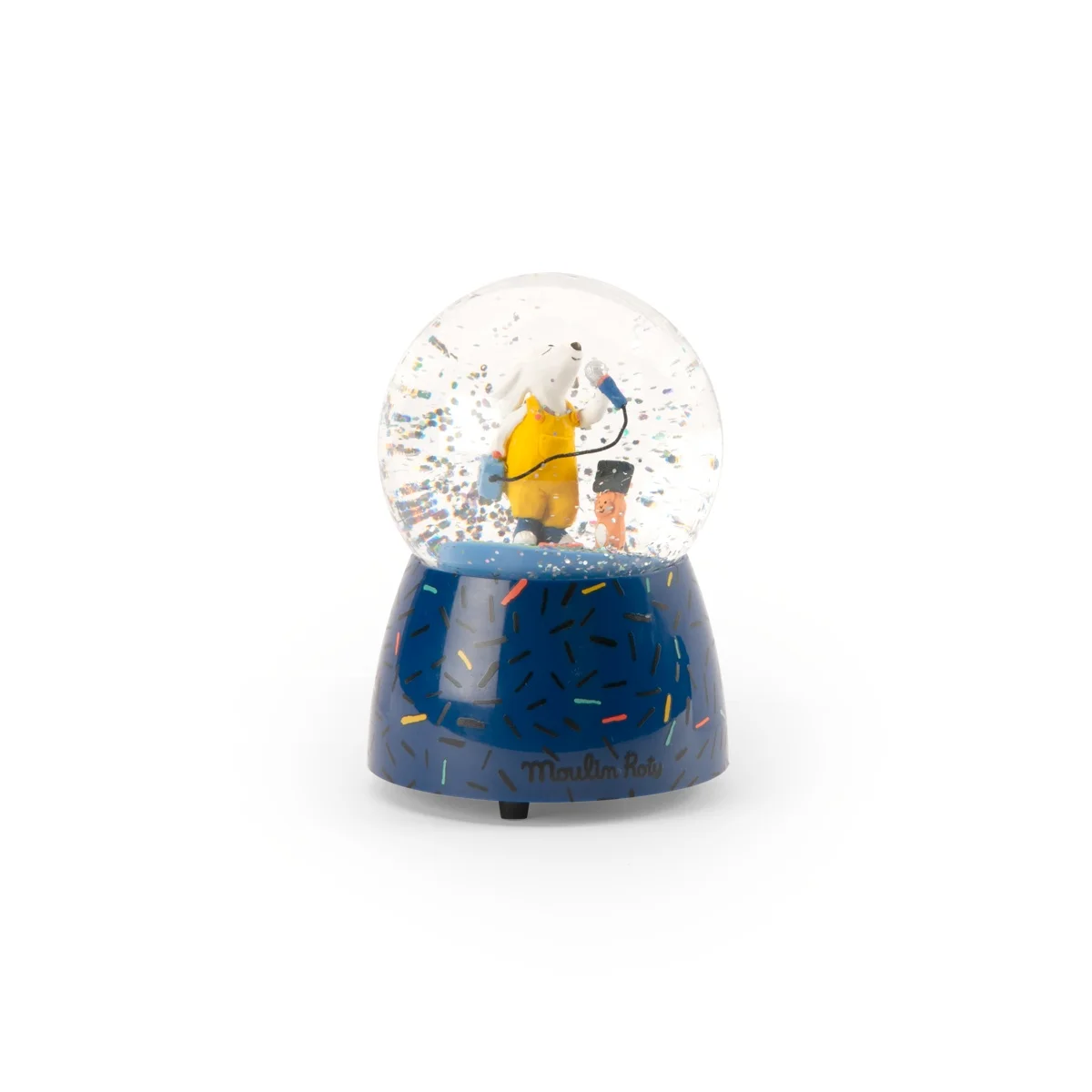 Boule à neige musicale Moulin Roty avec ours blanc en salopette jaune et micro bleu