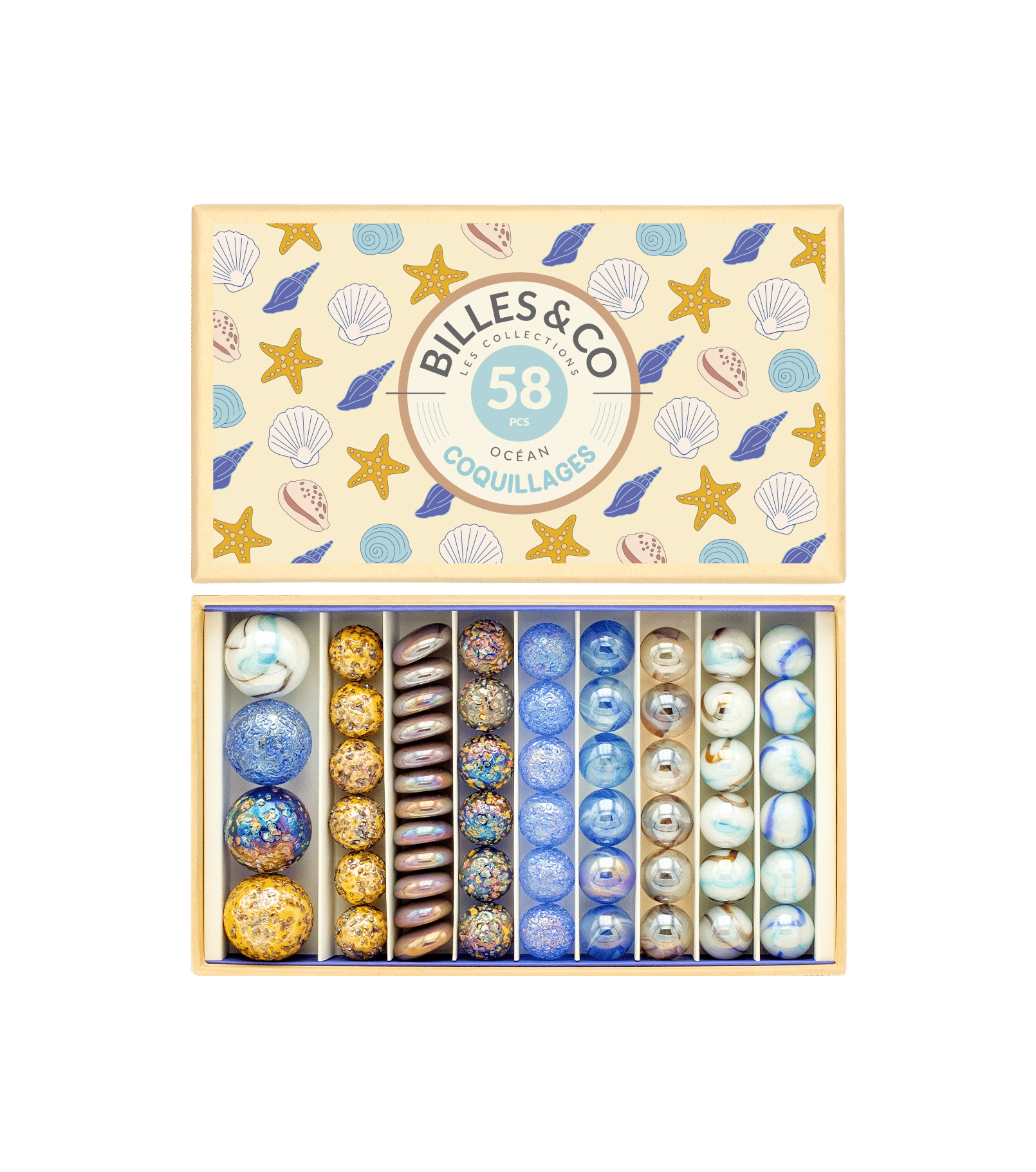 Box Coquillages Coffret de 58 billes - Billes and Co
