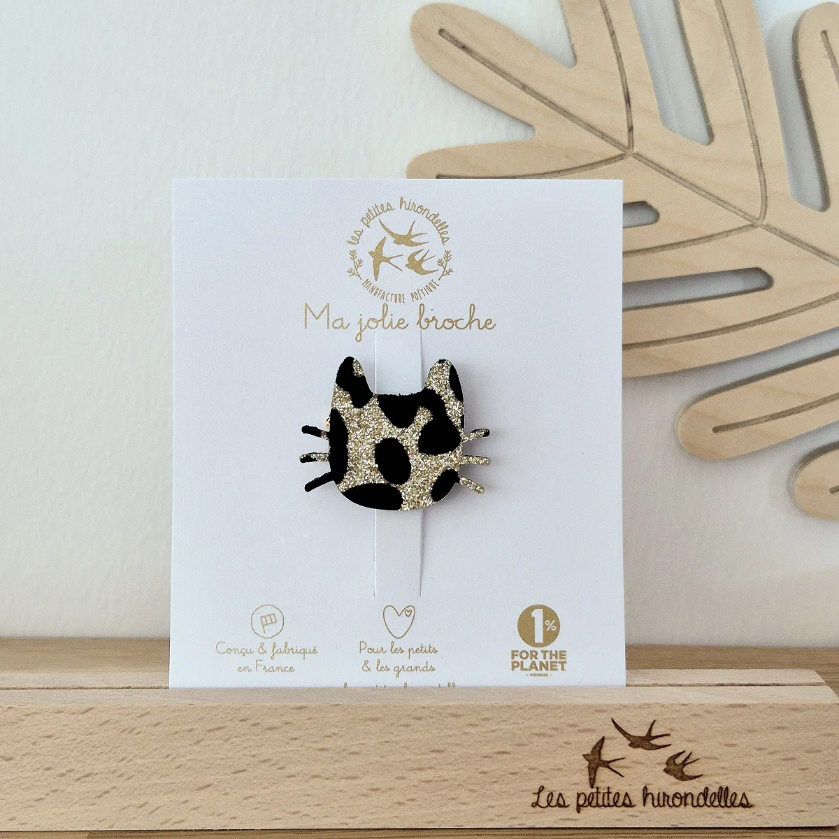 Broche feutrine pailletée Chat moustaches Léopard Doré - Les Petites Hirondelles