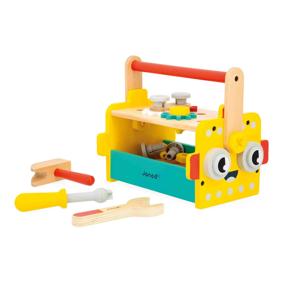 Caisse à outils robot en bois jaune et bleu avec outils factices colorés Janod