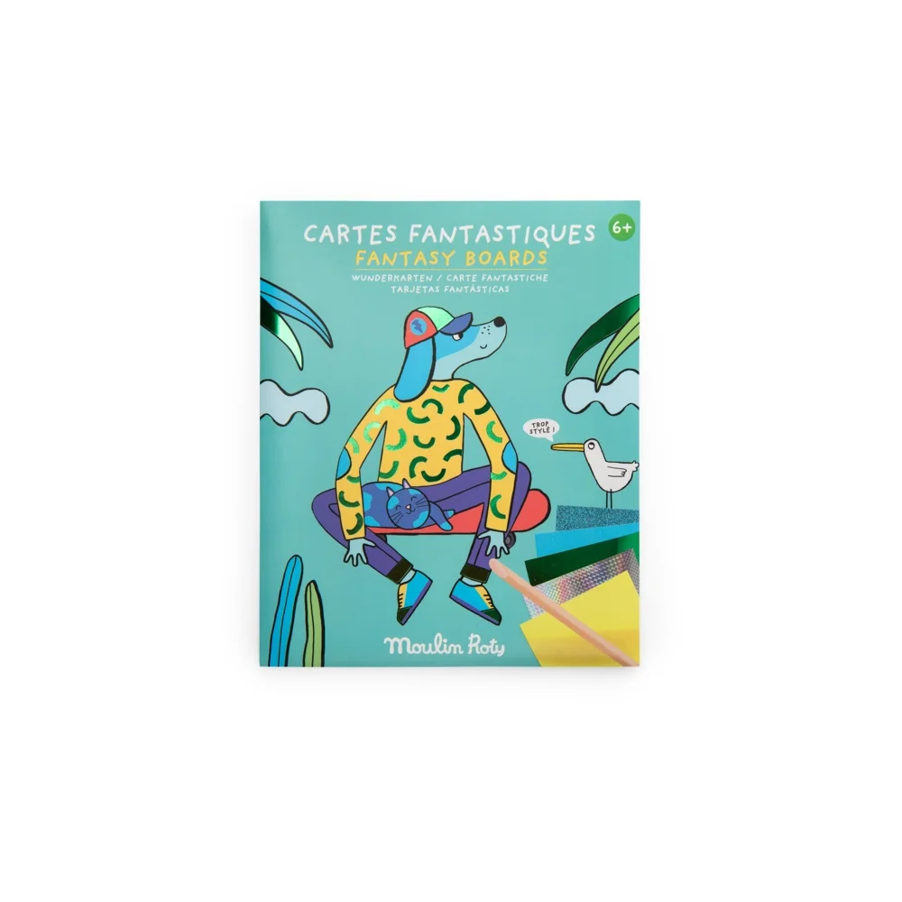 Cartes fantastiques Les Loufoques Moulin Roty avec illustration chien coloré sur fond turquoise.