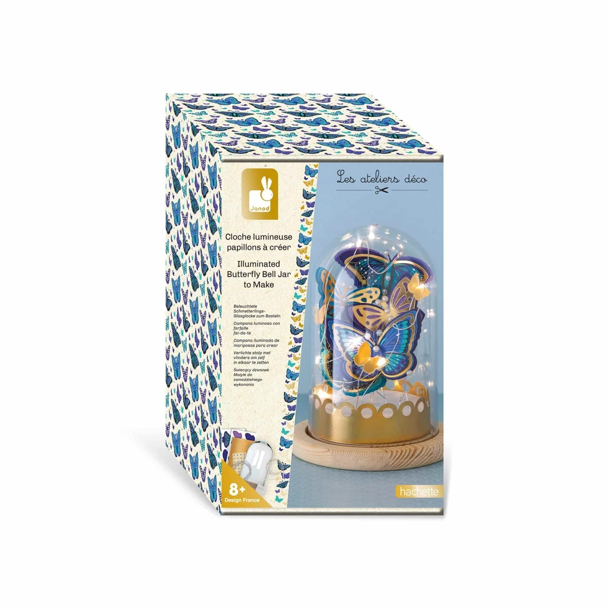 Boîte Cloche Lumineuse Papillons à Créer Janod avec papillons bleus et dorés sous cloche en verre.