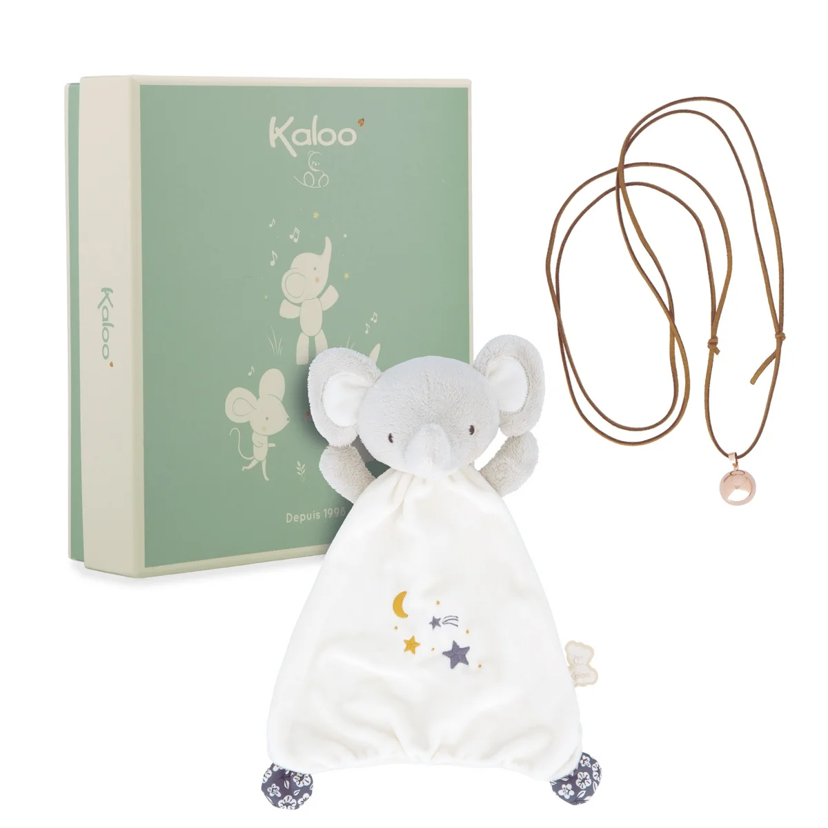 Coffret Kaloo avec doudou éléphant gris blanc étoiles et bola rose sur cordon marron