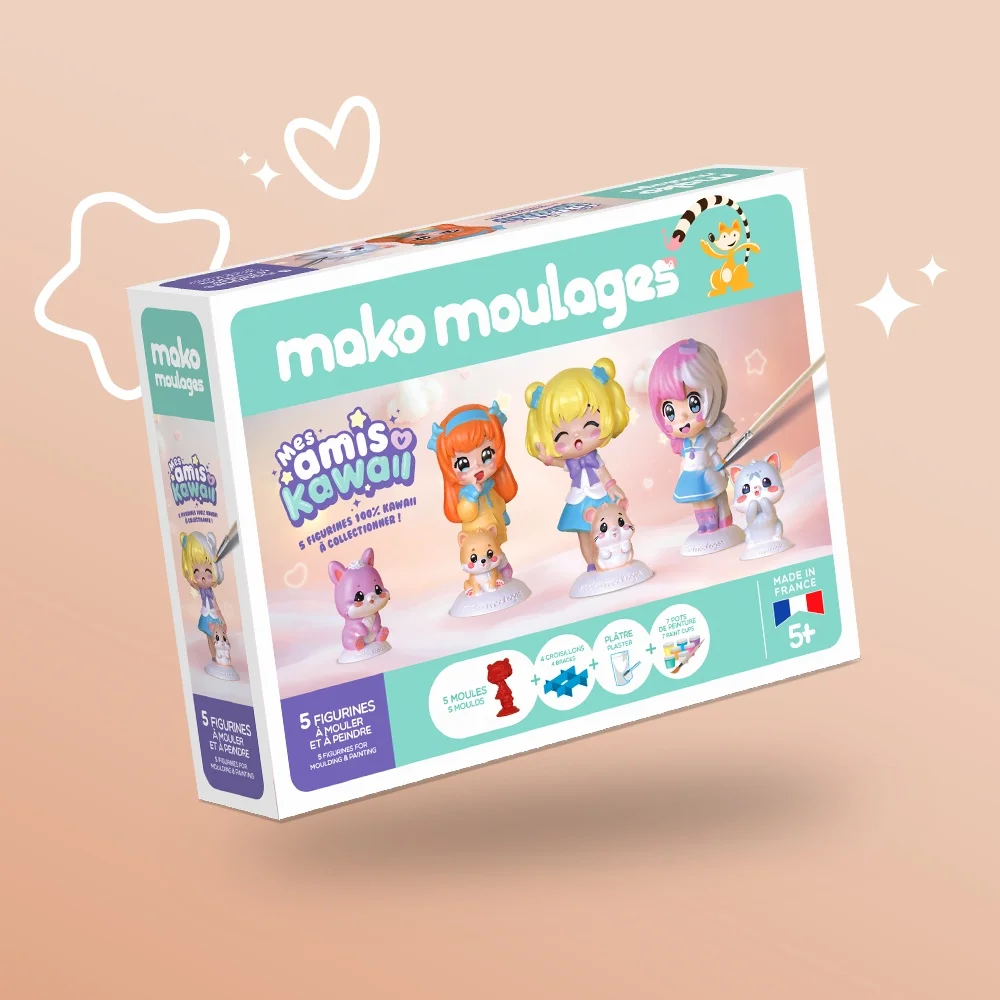 Coffret créatif Mes amis Kawaï Mako Moulages avec trois figurines à peindre et accessoires.