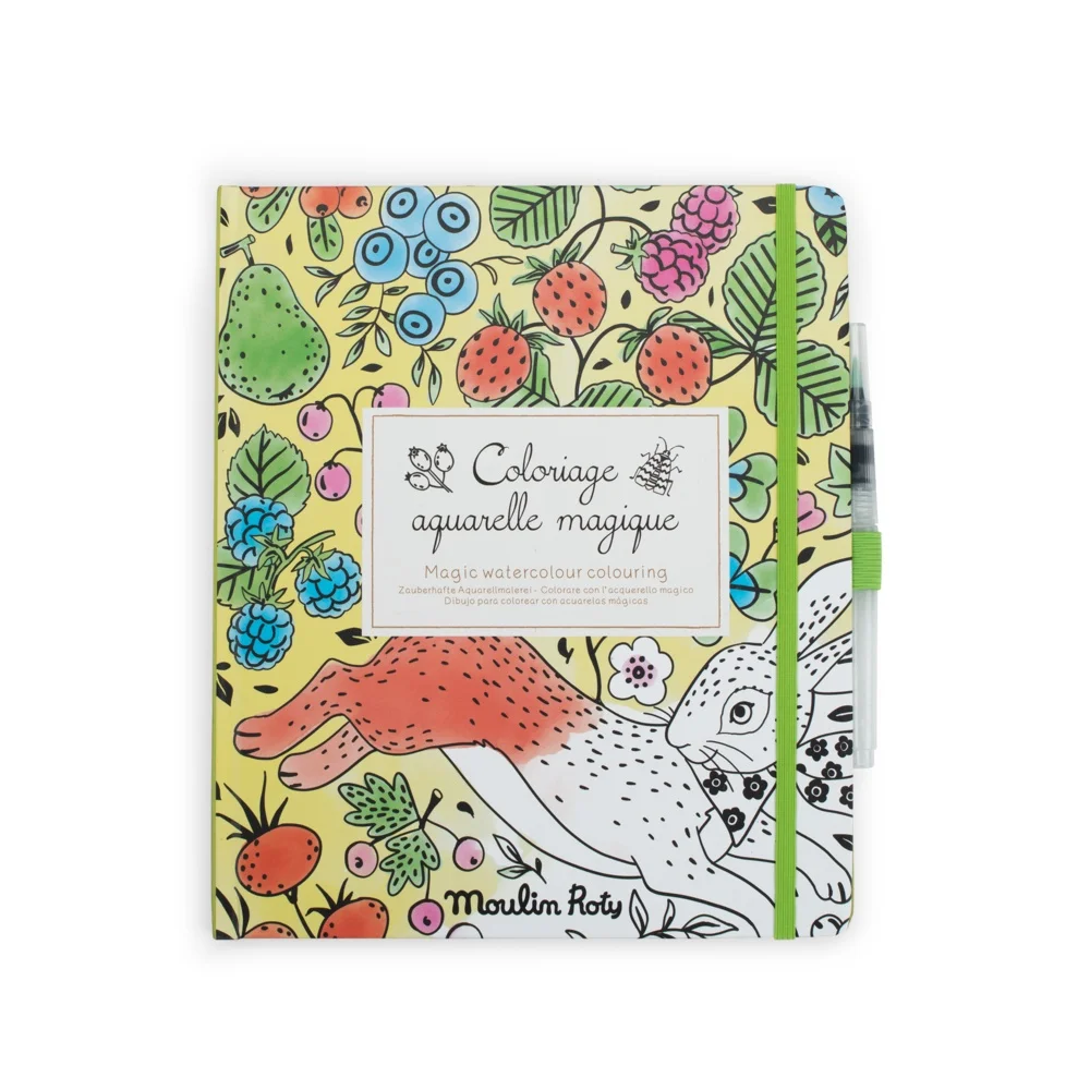 Carnet Coloriage aquarelle magique Moulin Roty, motifs fruits et lapin, couleurs pastels.