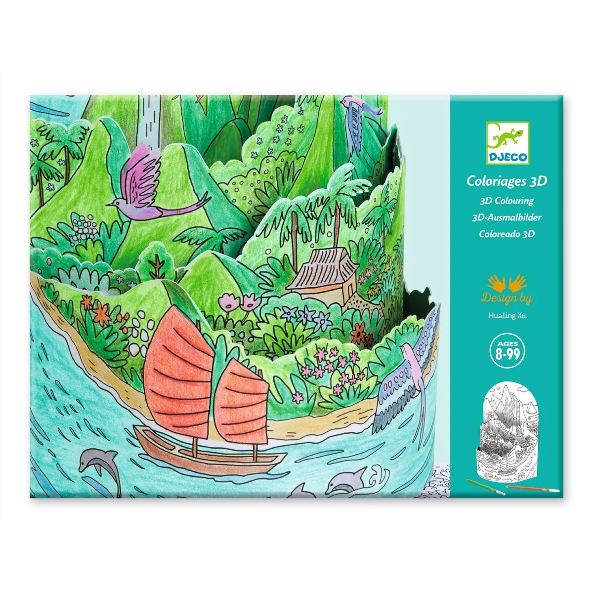 Paysage 3D colorié avec bateau rouge, dauphins, fleurs, oiseaux et montagnes vertes.