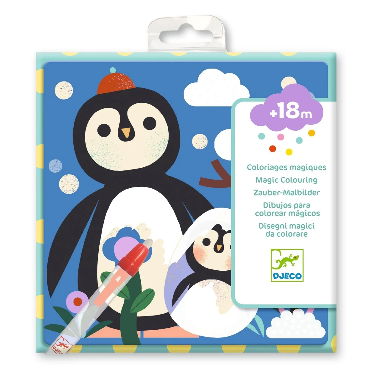Coloriages magiques Djeco avec maman et bébé pingouins noirs et blancs, ciel bleu.