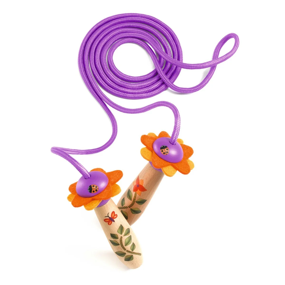 Corde à sauter ajustable Florita avec poignées en bois décorées fleuries et corde violette