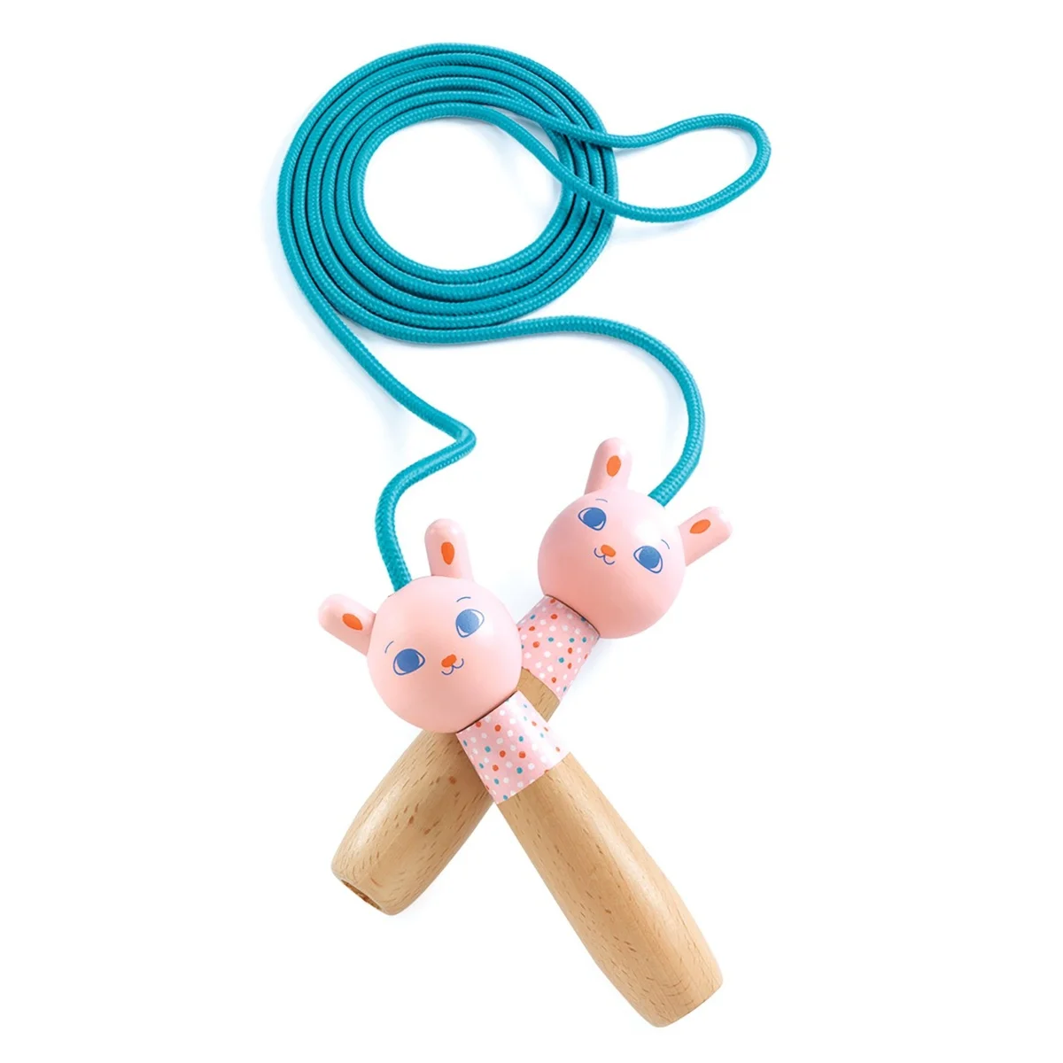Corde à sauter Skipping Lea Djeco avec poignées en bois et têtes de lapin roses.
