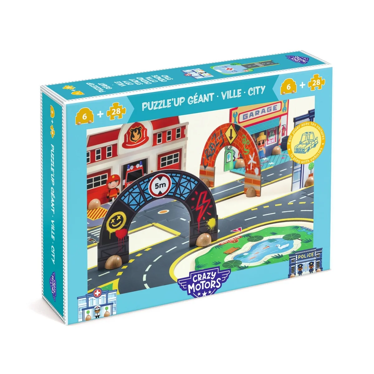 Boîte puzzle géant Crazy motors ville avec arches, route, garage et pompier