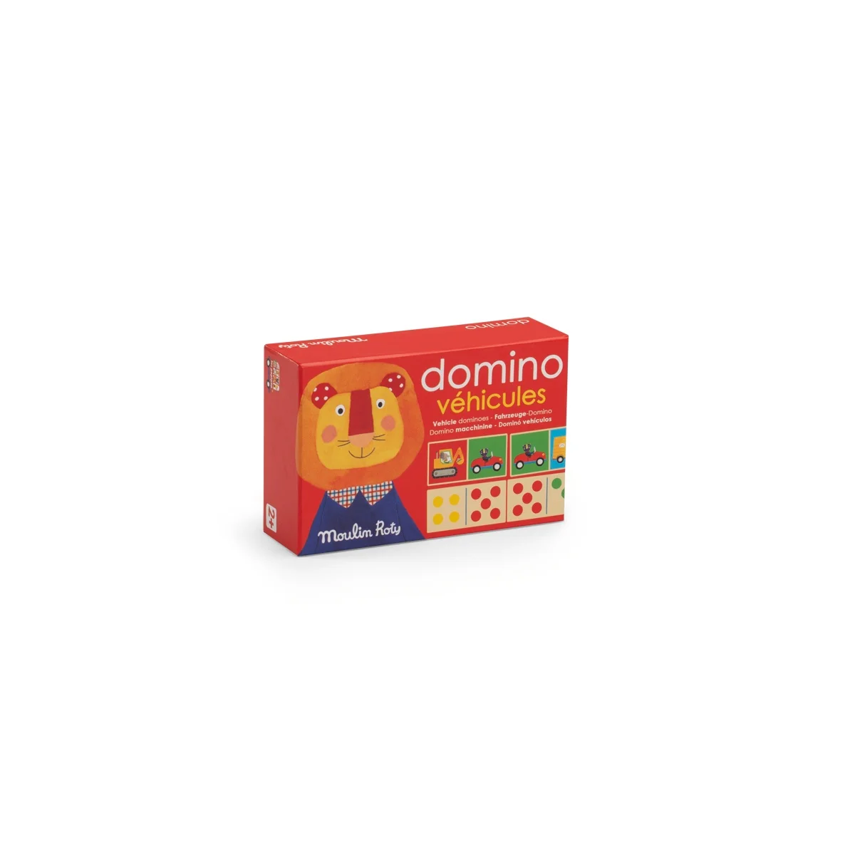 Boîte rouge Domino véhicules en bois Les Popipop avec dessin lion orange Moulin Roty
