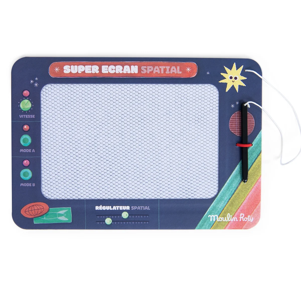 Écran magnétique bleu marine avec motifs espace et stylet noir Moulin Roty