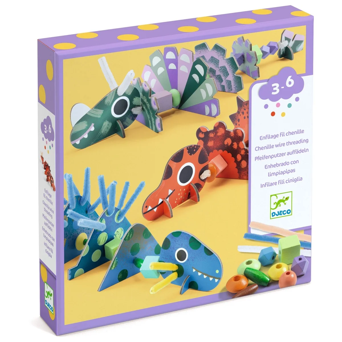 Boîte jeu enfilage fil chenille dinosaures colorés Djeco 3 à 6 ans