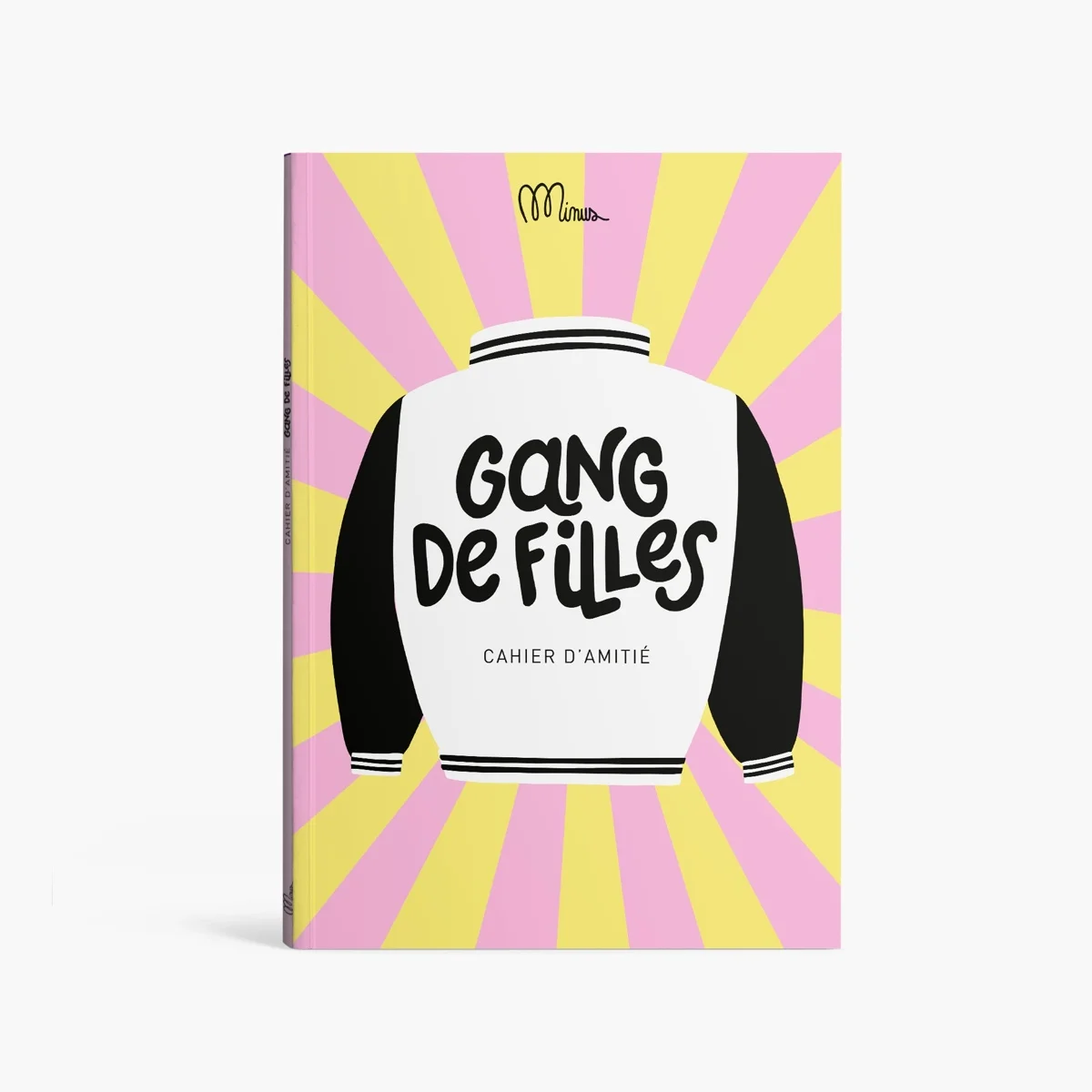 Cahier d'amitié Gang de filles, couverture veste noire et blanche, fond jaune et rose rayé.