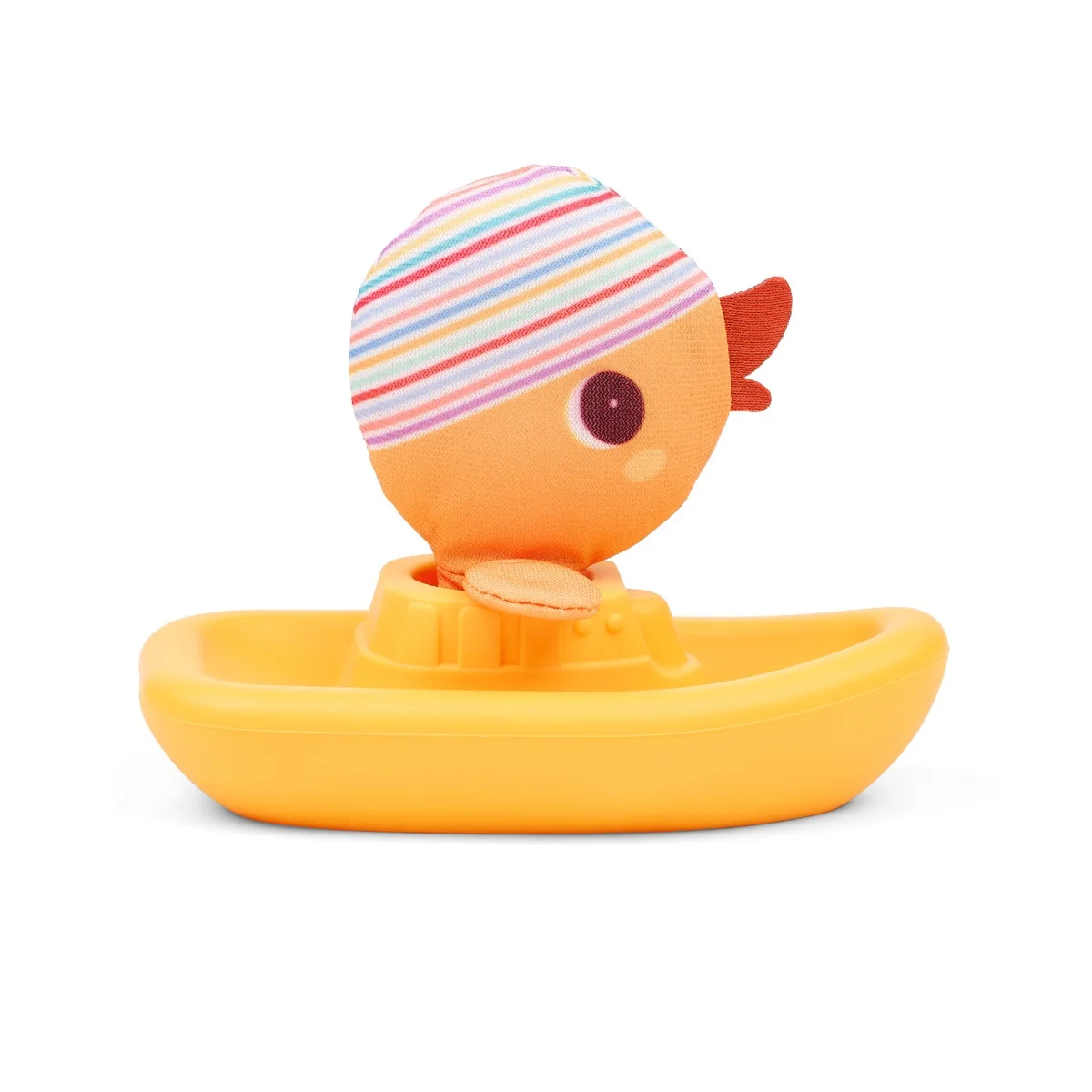 Canard orange avec bonnet rayé multicolore sur bateau jaune flottant Gaspard Lilliputiens.
