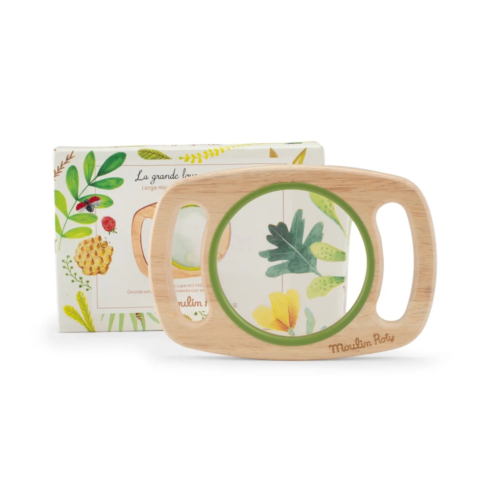 Grande loupe à poignées en bois clair avec cerclage vert et boîte illustrée nature