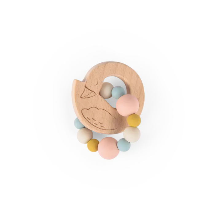 Hochet anneau de dentition bois et silicone Cygne - Moulin Roty