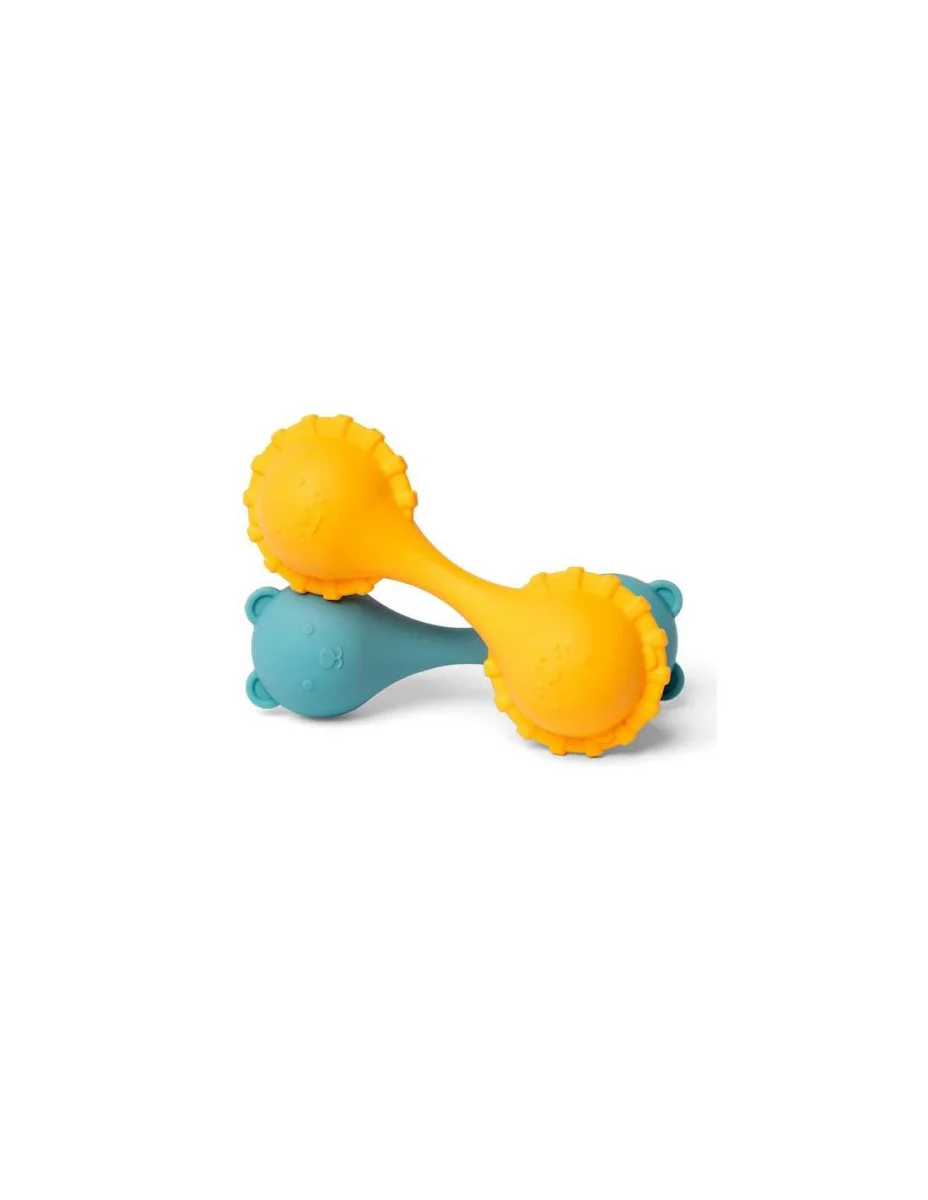 Hochets Little L en caoutchouc, lion jaune et ours bleu, forme ronde.