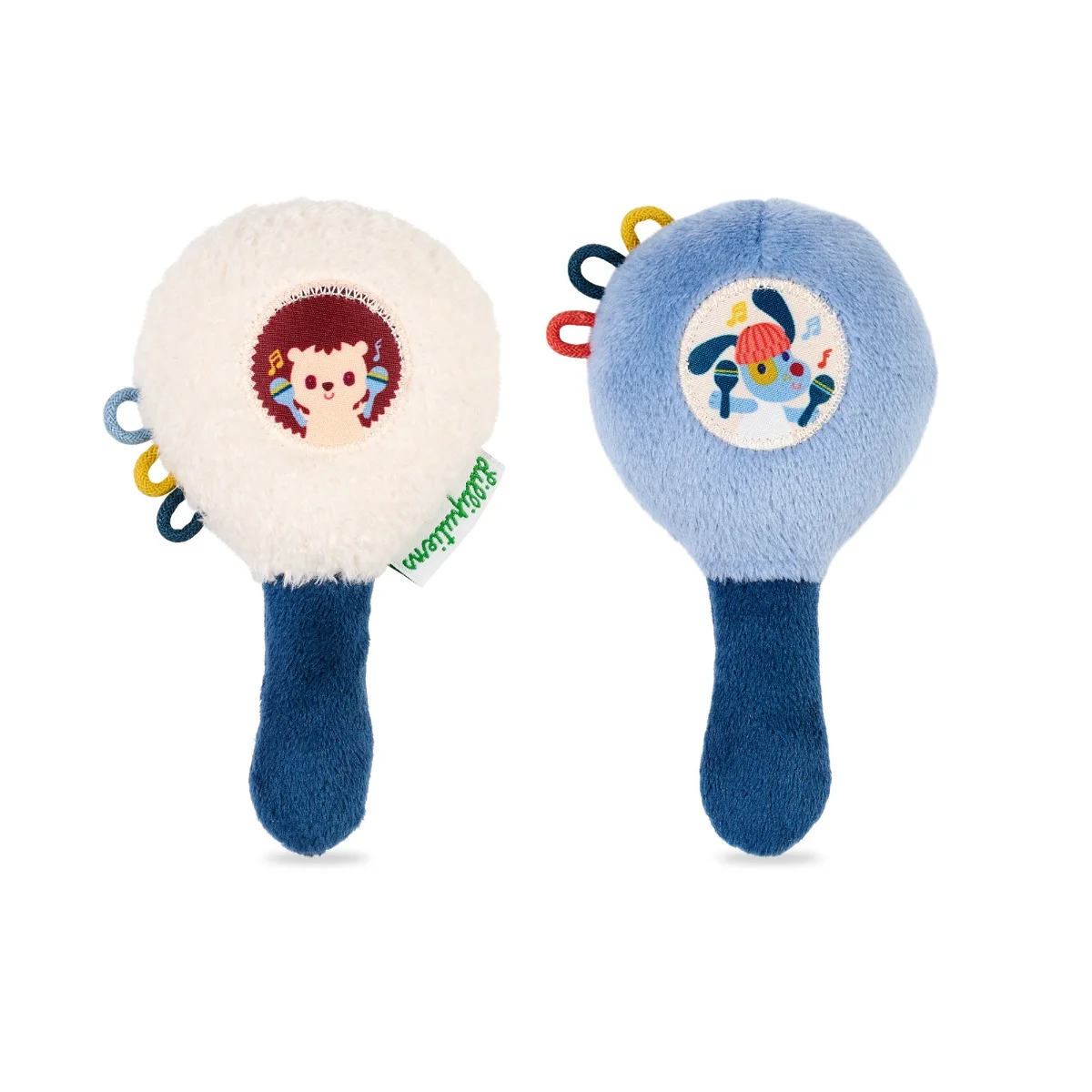 Deux hochets maracas Jules le chien en tissu bleu et blanc, motifs animaux colorés
