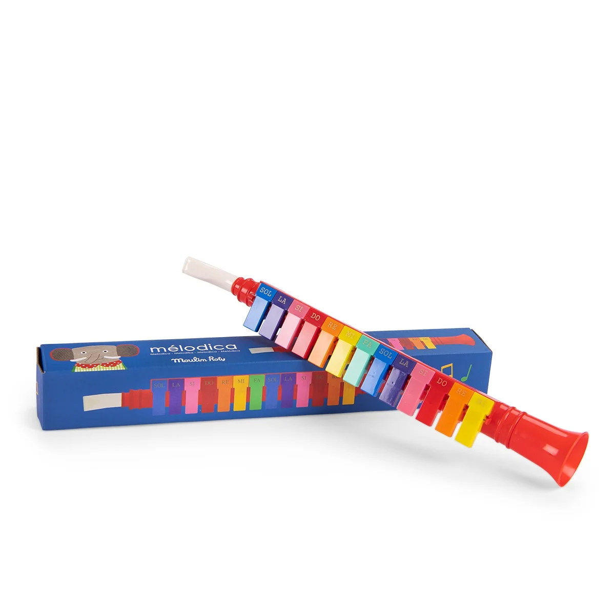 Mélodica Les Popipop rouge aux touches multicolores avec boîte bleue Moulin Roty