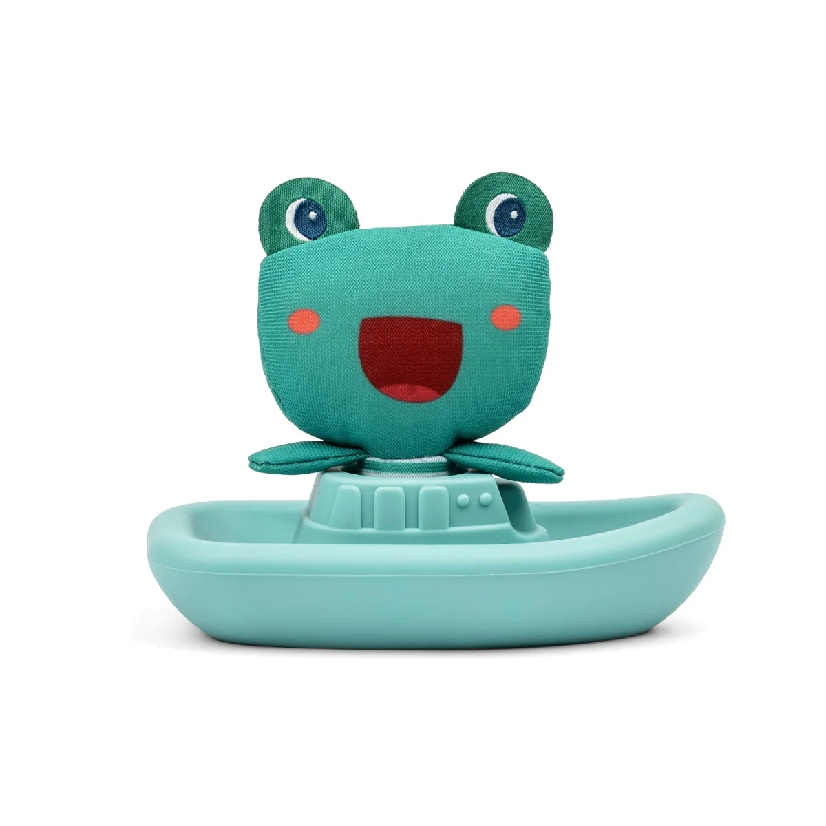 Grenouille en tissu verte souriante sur bateau flottant bleu clair, James Lilliputiens