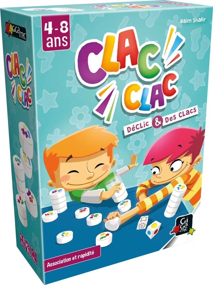 Boîte colorée du jeu Clac Clac avec enfants jouant et pions blancs empilés.