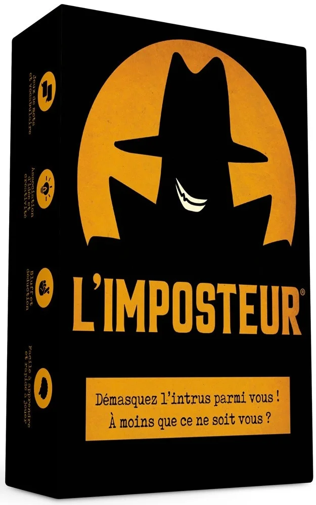 Boîte noire et orange jeu d'ambiance L'imposteur silhouette homme sourire mystérieux