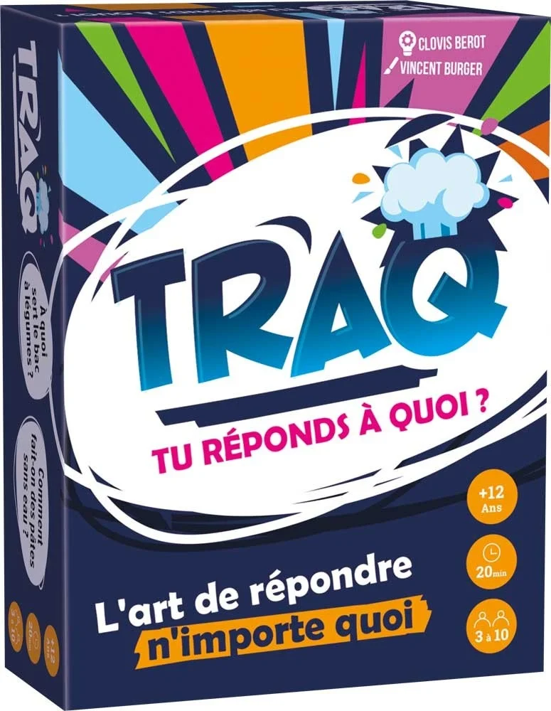 Boîte colorée jeu TRAQ Tu réponds à quoi ? texte bleu, rose et orange dynamique.