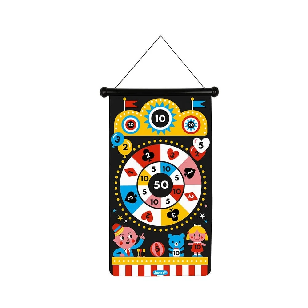Cible de jeu de fléchettes magnétique colorée, thème fête foraine, personnages et ours bleu.