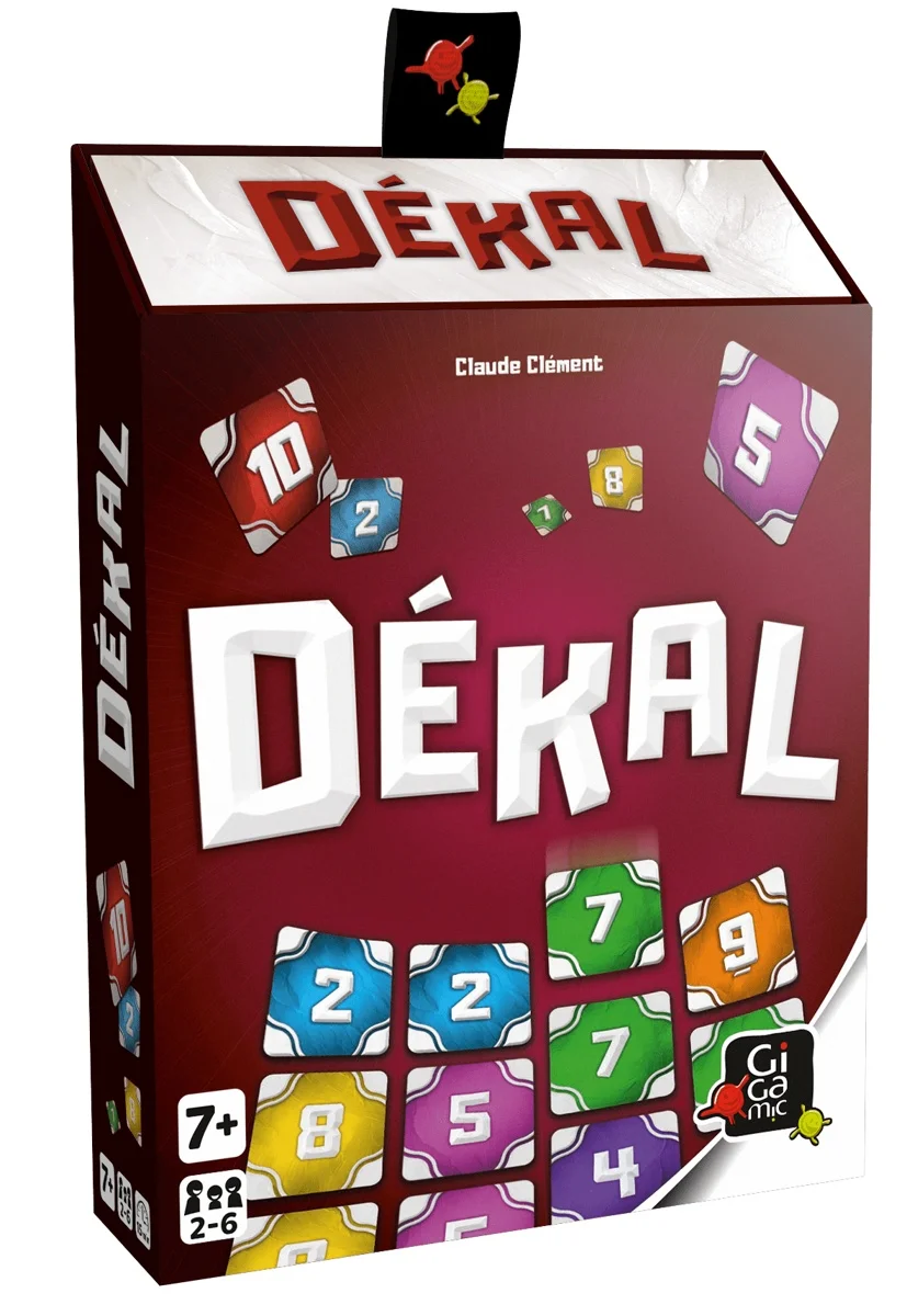 Boîte du jeu de société Dékal rouge avec chiffres colorés et logo Gigamic.