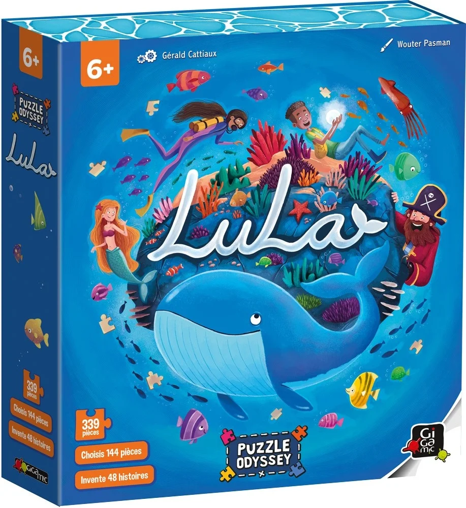 Boîte jeu Puzzle Odyssée Lula, baleine bleue, sirène, plongeurs et pirate colorés.