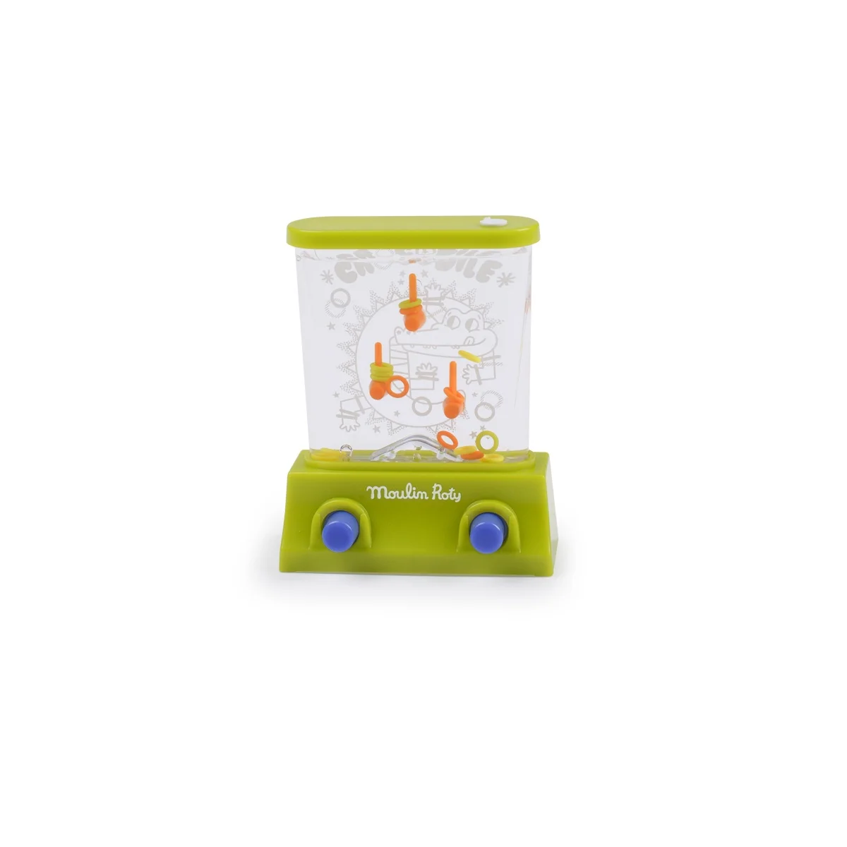 Jeu d'eau crocodile vert et orange Les petites merveilles Moulin Roty avec deux boutons bleus.