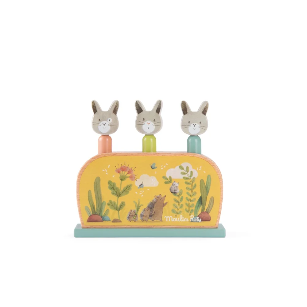 Jouet pop up en bois Trois petits lapins colorés avec illustrations nature jaunes et vertes